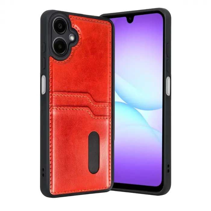 Samsung Galaxy A07 4g Sara Kartvizitli Deri Kılıf - Kırmızı