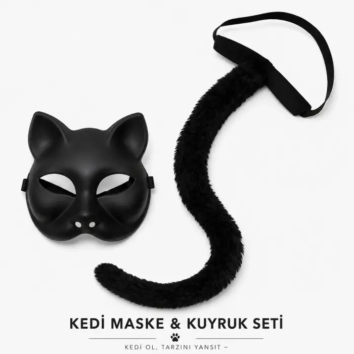 Siyah Kedi Maskesi Ve Peluş Kuyruk Kostüm Seti 70 Cm