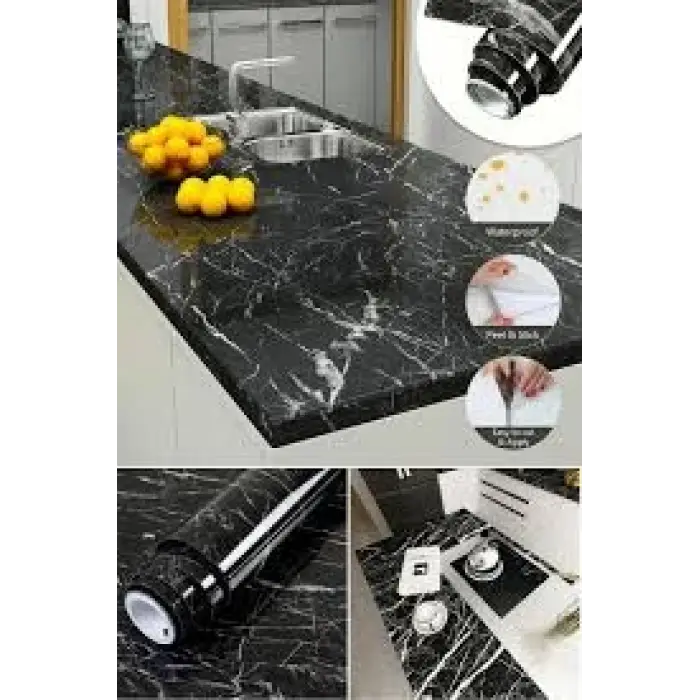 Siyah Mermer Desenli Yapışkanlı Tezgah Folyosu (3 Mt.x 60 Cm)