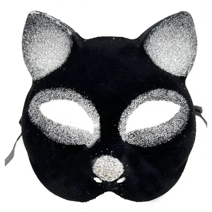 Siyah Renk Gümüş Simli Süet Kaplama Kedi Maskesi 18x14 Cm