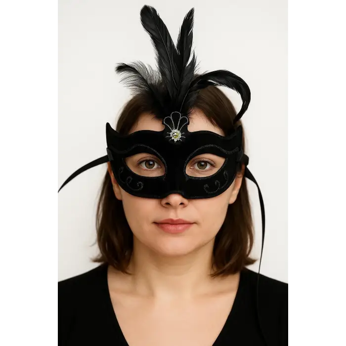 Siyah Renk Tüylü Siyah Süet Kaplama Parti Balo Maskesi 20x16 Cm