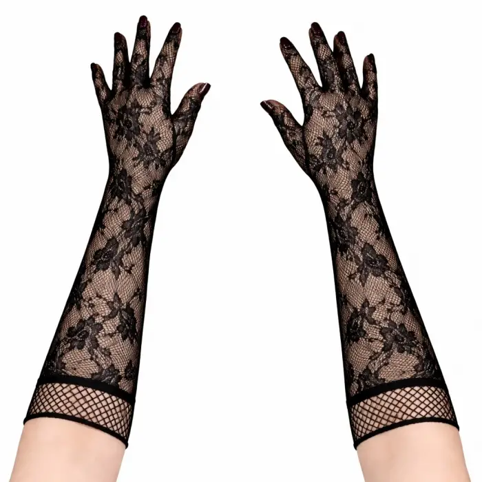 Siyah Uzun Gül Desenli Dantel Kadın Eldiveni