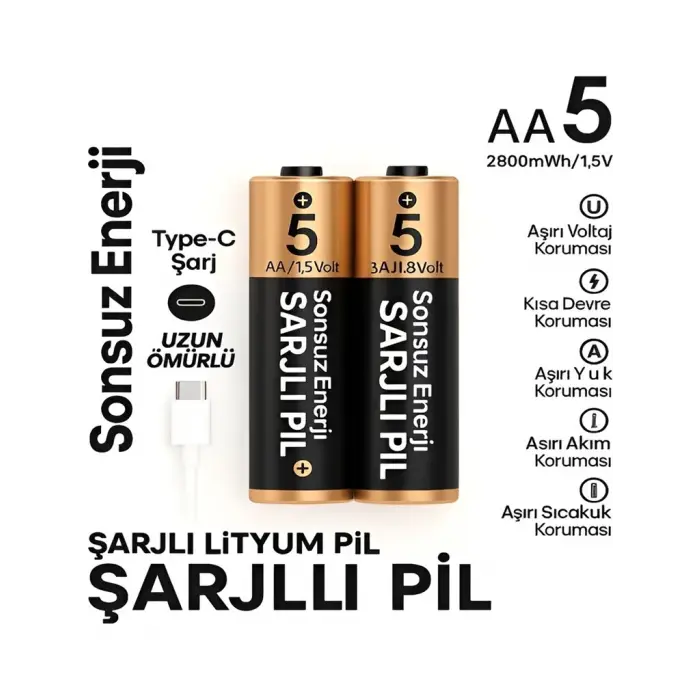 Type-c Şarjlı 2800mwh 1.5v Şarj Edilebilir 2’li Aa5 Kalın Pil - Lityum Iyon Batarya
