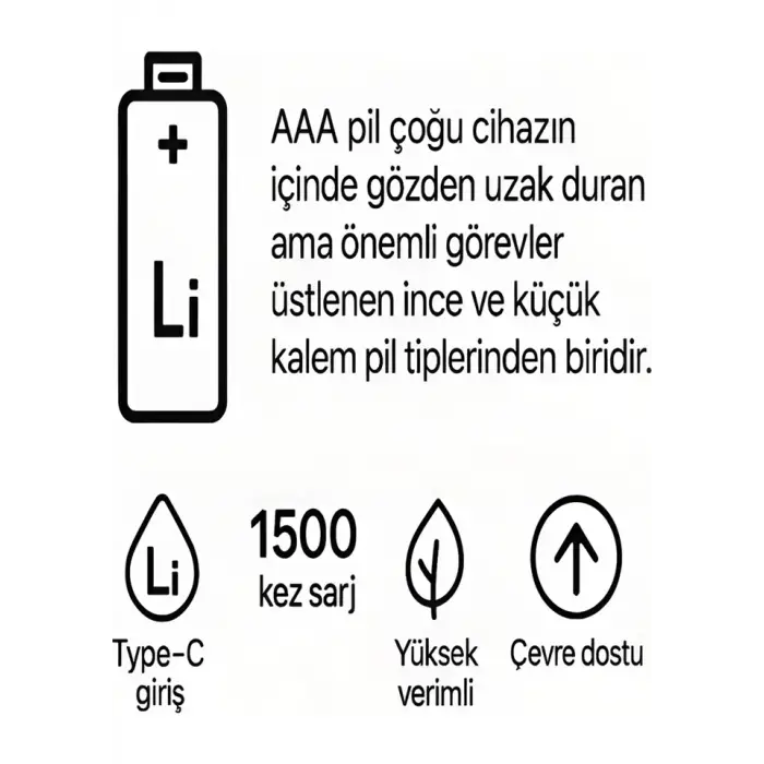 Type-c Şarjlı 800mwh 1.5v Şarj Edilebilir 2’li Aaa İnce Pil - Lityum Iyon Batarya