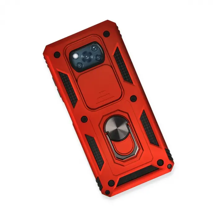 Xiaomi Pocophone X3 Kılıf Pars Lens Yüzüklü Silikon - Kırmızı