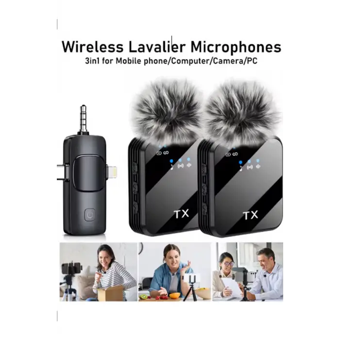 Yüksek Kalite Profesyonel 3 In 1 Kablosuz Taşınabilir Yaka Mikrofonu Tüylü