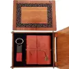 Ahşap Kutulu Kahve Deri Defter Ve Anahtarlık Set
