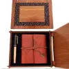 Ahşap Kutulu Kahve Deri Defter Ve Metal Bakır Kalem
