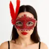 Kırmızı Renk Tüylü Dantelli Gözleri Taşlı Balo Parti Maskesi