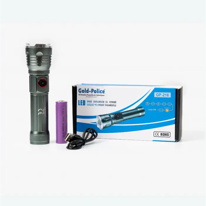 Gold Police Gp-216 Şarjlı El Feneri Güçlü Tg Led 2000 Lümen