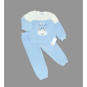 1-2-3 Yaş Ponponlu Zürafa Desenli Kuzu Kumaş Uzun Kollu 2li Kız Erkek Çocuk Takımı