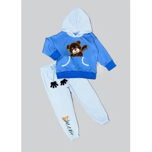 2-3-4 Yaş Pelüş Ayı Desenli Kapşonlu Uzun Kollu Penye Sweat 2li Erkek Çocuk Takımı