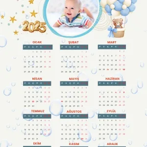 2025 Takvimi Kişiye Özel Erkek Bebek Uçan Balon Su Damlalı Tasarım