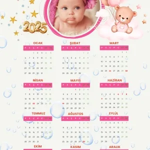 2025 Takvimi Kişiye Özel Kız Bebek Uçan Balon Su Damlalı Tasarım