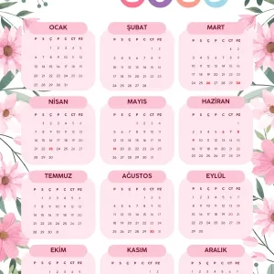 2025 Takvimi Kişiye Özel Pembe Çiçekler Detaylı Tasarım