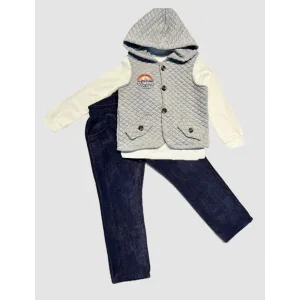 3-4-5 Yaş Fitilli Kadife Pantolon Kapitone Kapşonlu Yelek Uzun Kollu Sweat 3lü Erkek Çocuk Takımı