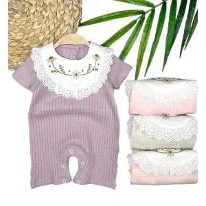 3-6-9-12 Ay Bebe Yaka Çiçek Nakışlı Pamuklu Petek Penye Yazlık Kız Bebek Tulumu