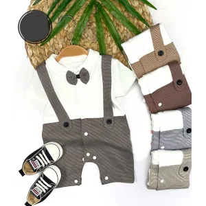 3-6-9-12 Ay Papyon Detaylı Çizgili Salopet Görünümlü Erkek Bebek Tulumu