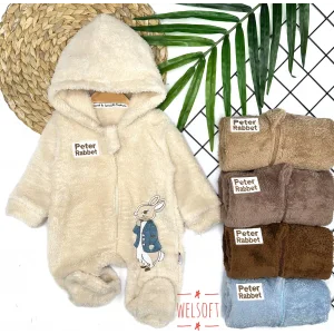 3-6-9-12 Ay Rabbit Tavşan Nakışlı Fermuar Kapamalı Patikli Tüylü Erkek Bebek Tulumu