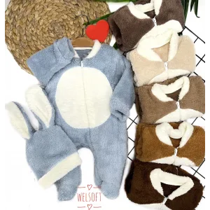 3-6-9-12 Ay Tavşan Kulak Şapkalı Fermuar Kapamalı Patikli Eldivenli Tüylü Erkek Bebek Tulumu