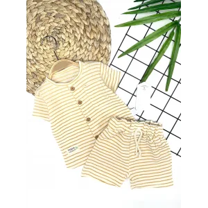 9-12-18-24 Ay Düğme Detaylı Çizgili Müslin Kumaş Yazlık 2li Erkek Bebek Takımı