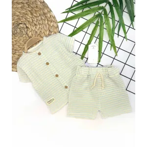 9-12-18-24 Ay Düğme Detaylı Çizgili Müslin Kumaş Yazlık 2li Erkek Bebek Takımı