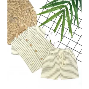 9-12-18-24 Ay Düğme Detaylı Çizgili Müslin Kumaş Yazlık 2li Erkek Bebek Takımı