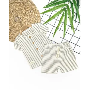9-12-18-24 Ay Düğme Detaylı Çizgili Müslin Kumaş Yazlık 2li Erkek Bebek Takımı