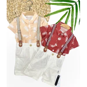 9-12-18-24 Ay Pamuk Keten Kumaş Hawai Gömlek Lastik Askılı 2li Erkek Bebek Takımı