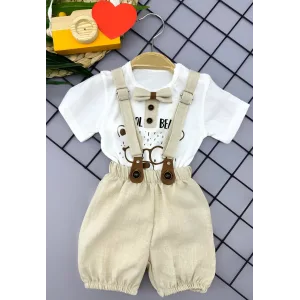 9-12-18-24 Ay Papyon Detaylı Keten Şort Salopet Tişörtlü 2li Erkek Bebek Takımı