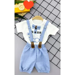 9-12-18-24 Ay Papyon Detaylı Keten Şort Salopet Tişörtlü 2li Erkek Bebek Takımı