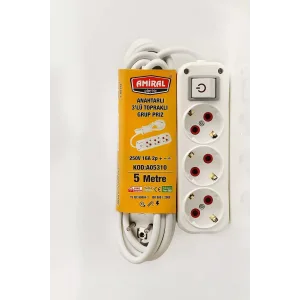 Amiral 3 Lü Topraklı Anahtarlı 5 Metre Kablolu Grup Priz