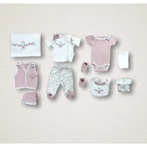 Bahar Çiçekleri Nakışlı %100 Cotton Antibakteriyel 10lu Zıbın Takımı Hastane Çıkışı