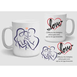 Baskılı Porselen Kupa Bardak Çift Taraflı Baskı 1 Adet Aile Love