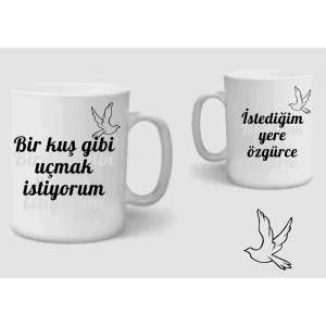 Baskılı Porselen Kupa Bardak Çift Taraflı Baskı 1 Adet Kuş