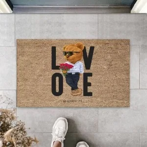 Bej Kapı Önü Paspası Kırmızı Güller Ayıcık Desen  K-3338