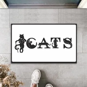 Dijital Baskı Beyaz Kedilerle Bezenmiş Cats Yazılı Dekoratif Kapı Paspası K-2028