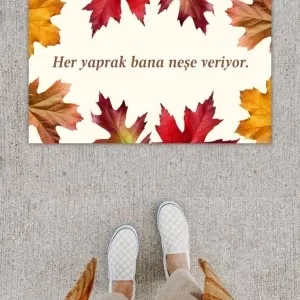 Dijital Baskı Dekoratif Kuru Yaprak Bej Kapı Önü Paspası K-1203