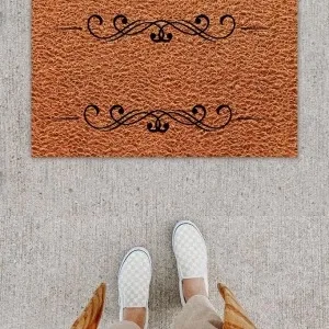 Dijital Baskı Dekoratif li Bordür Kahverengi Kapı Önü Paspası K-1239