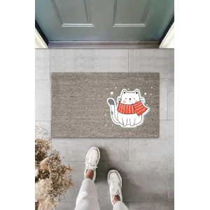 Dijital Baskı Gri Kırmızı Atkılı Beyaz Kedi Dekoratif Kapı Paspası K-2059