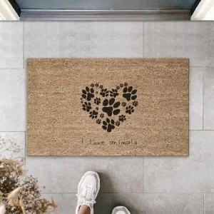 Dijital Baskı Kahverengi Patili Kalp I Love Animals Dekoratif Kapı Paspası K-2011