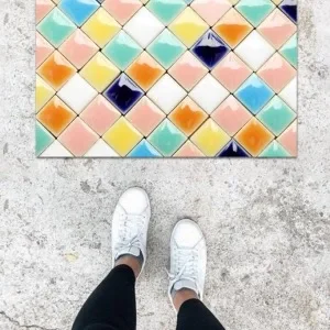 Dijital Baskı Pembe Mozaik Desen Kapı Önü Paspası K-1074