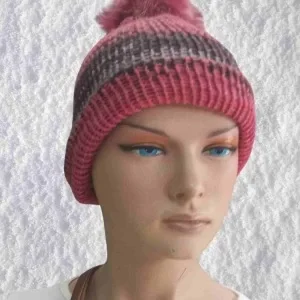 El Örgüsü Doğal Yün Ve Akrilik Karışımlı Sıcacık Kış Beresi Koyu Pembe Karışık