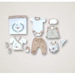 Erguvan Taç Nakışlı %100 Cotton Antibakteriyel Kız Bebek 10lu Zıbın Takımı Hastane Çıkışı