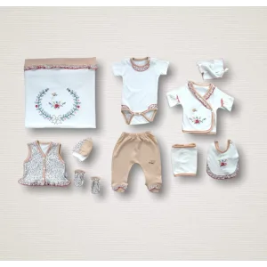 Erguvan Taç Nakışlı %100 Cotton Antibakteriyel Kız Bebek 10lu Zıbın Takımı Hastane Çıkışı