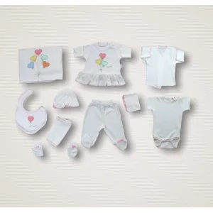 Kalpli Uçan Balon Nakışlı %100 Cotton Antibakteriyel 10lu Zıbın Takımı Hastane Çıkışı