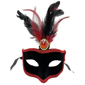Kırmızı Dantelli Siyah Kırmızı Tüylü Siyah Süet Kaplama Parti Maskesi 17x25 Cm