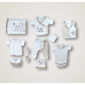 Minik Sincap Nakışlı %100 Cotton Antibakteriyel 10lu Zıbın Takımı Hastane Çıkışı