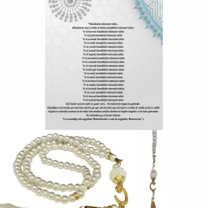 Namaz Tesbihi Vavlı 99lu Cam İncili 35 Besmele-i Şerif Dua Kartı İle Krem Renk Hediyelik