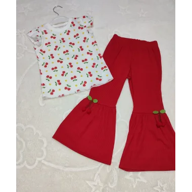 1-2-3-4 Yaş Kiraz Baskılı Tişört İspanyol Paçalı Likralı 2li Kız Çocuk Takımı